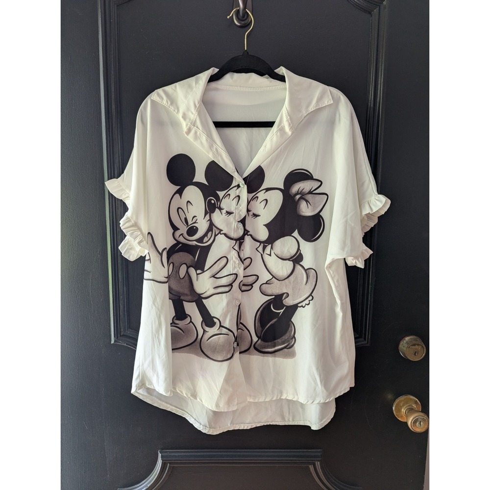 Mickey & Minnie Graphic Blouse Top White Ruffle Sleeve Button Up Black White Lg - Picture 1 of 6